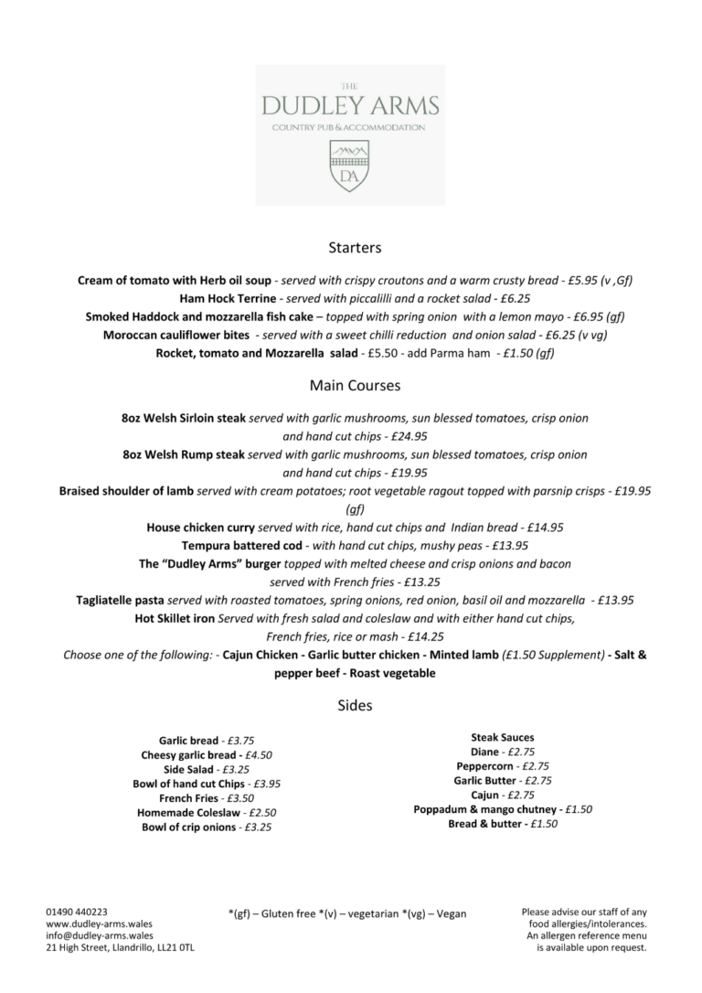 Our Menus The Dudley Arms Llandrillo